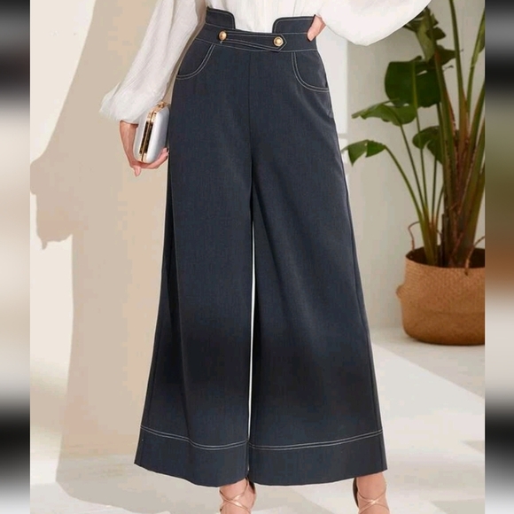 High Waist Top-stitching Wide Leg Pants - Picture 2 of 5